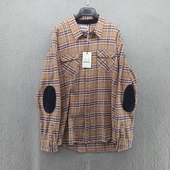 Barbour Shirt Mens XL Beige Sandstone Plaid Flannel Winter